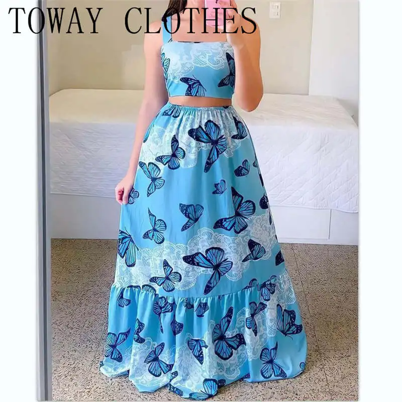 

Women Casual Chic Thick Strap Square Neck All Over Print with Butterfly Pattern Crop Top Asymmetrical Skirt Sets