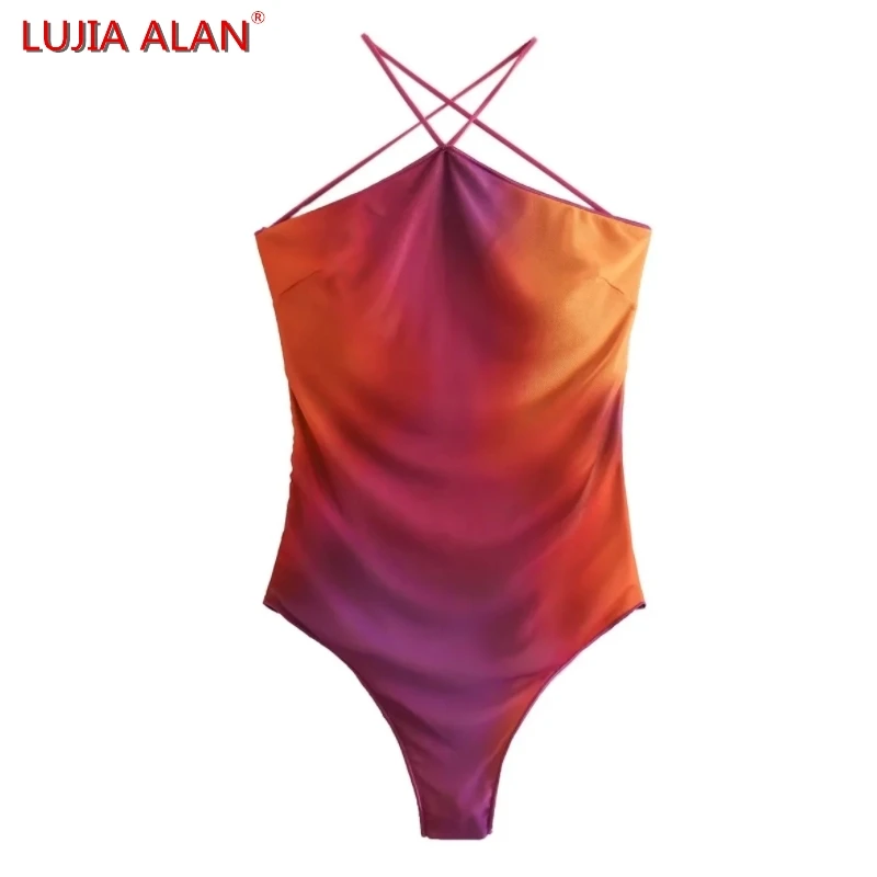 

Summer New Women Tie Dyed Printed Mesh Sling Bodysuits Casual Female Sexy Backless Swimsuit Slim Fit Tops LUJIA ALAN T1868