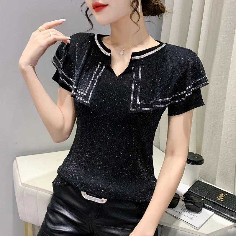 Summer European Clothes Women's T-Shirt Fashion Sexy Ruffled Diamonds Pullover Tops Short Sleeve 2022 Drilling Hot Tees 9044
Summer European Clothes Women's T-Shirt Fashion Sexy Ruffled Diamonds Pullover Tops Short Sleeve 2022 Drilling Hot Tees 9044
