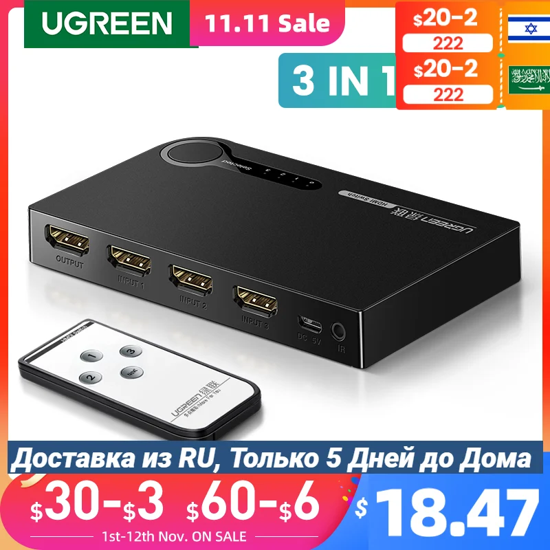 UGREEN HDMI Switch 3 in 1 Out 4K HDMI Switcher Splitter 4K 30Hz with Remote HDMI 3 Port Box Hub Supports HDR CEC 3D HDCP1.4
UGREEN HDMI Switch 3 in 1 Out 4K HDMI Switcher Splitter 4K 30Hz with Remote HDMI 3 Port Box Hub Supports HDR CEC 3D HDCP1.4