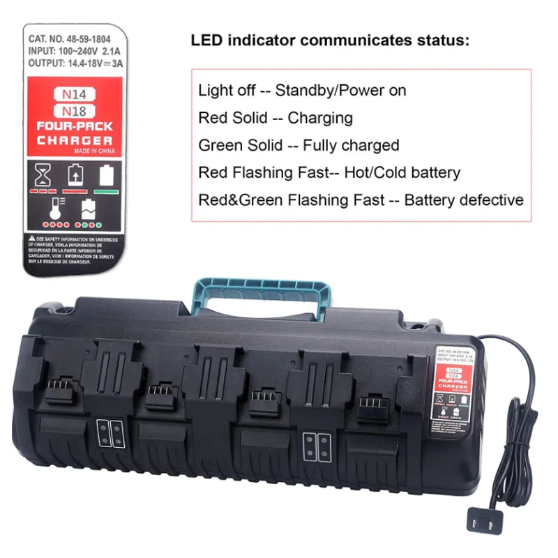 For Milwaukee 14.4V 18V Li-ion Charger Rapid Optimum 4-Port 3A Charging Current Replacement Battery Charger N14 N18
For Milwaukee 14.4V 18V Li-ion Charger Rapid Optimum 4-Port 3A Charging Current Replacement Battery Charger N14 N18