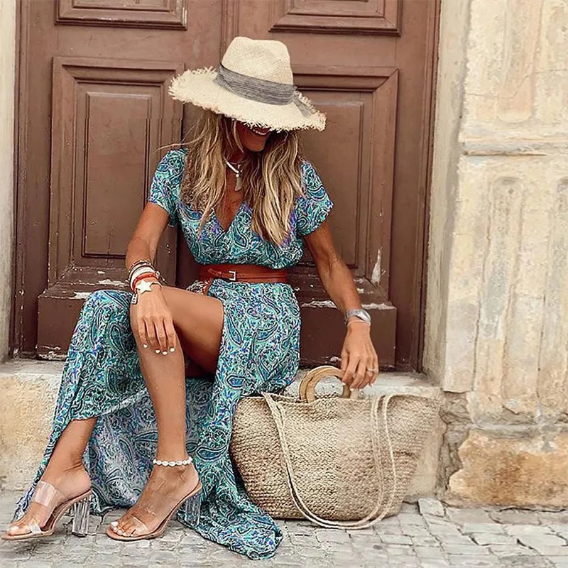 2023 Boho Print Dress Women Elegant V Neck Short Sleeve Belt Large Hem Long Dress Summer Vintage Beach Party Maxi Dress
2023 Boho Print Dress Women Elegant V Neck Short Sleeve Belt Large Hem Long Dress Summer Vintage Beach Party Maxi Dress