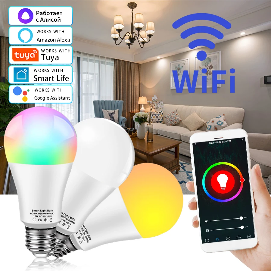 Smart Light Bulb Led Bulb E27 Smart Lamp for Home 15W Wifi RGB Alexa Tuya Yandex Station Voice Control Dimmable 220V 110V
Smart Light Bulb Led Bulb E27 Smart Lamp for Home 15W Wifi RGB Alexa Tuya Yandex Station Voice Control Dimmable 220V 110V