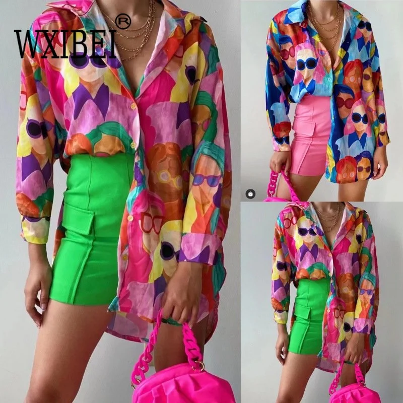 Женская однобортная рубашка WXIBEI, свободная Повседневная Блузка в стиле ретро с цветочным принтом, отложным воротником и длинным рукавом, модель FC718 на лето 
Женская однобортная рубашка WXIBEI, свободная Повседневная Блузка в стиле ретро с цветочным принтом, отложным воротником и длинным рукавом, модель FC718 на лето