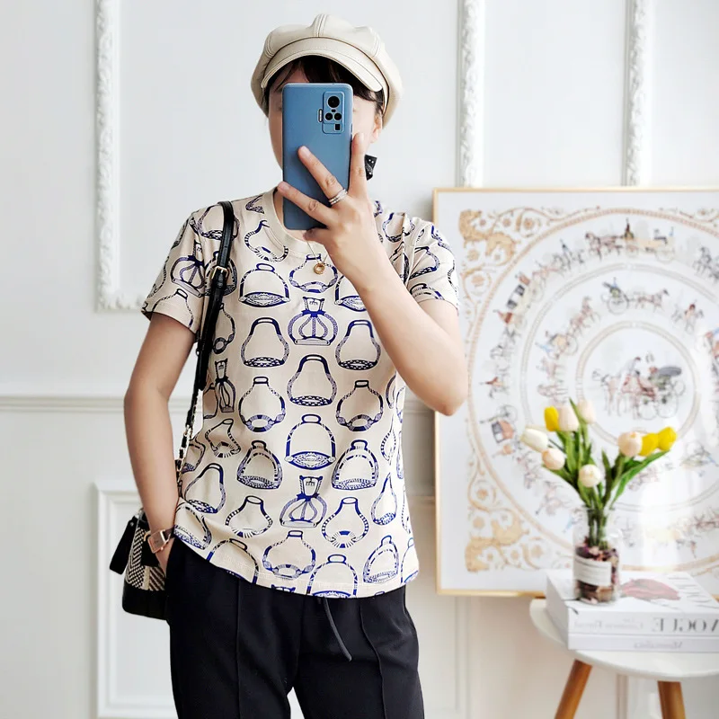 2023 Summer New Combed Cotton Top Women's Vintage Print Round Neck Slim Fit Thin T-Shirt
2023 Summer New Combed Cotton Top Women's Vintage Print Round Neck Slim Fit Thin T-Shirt