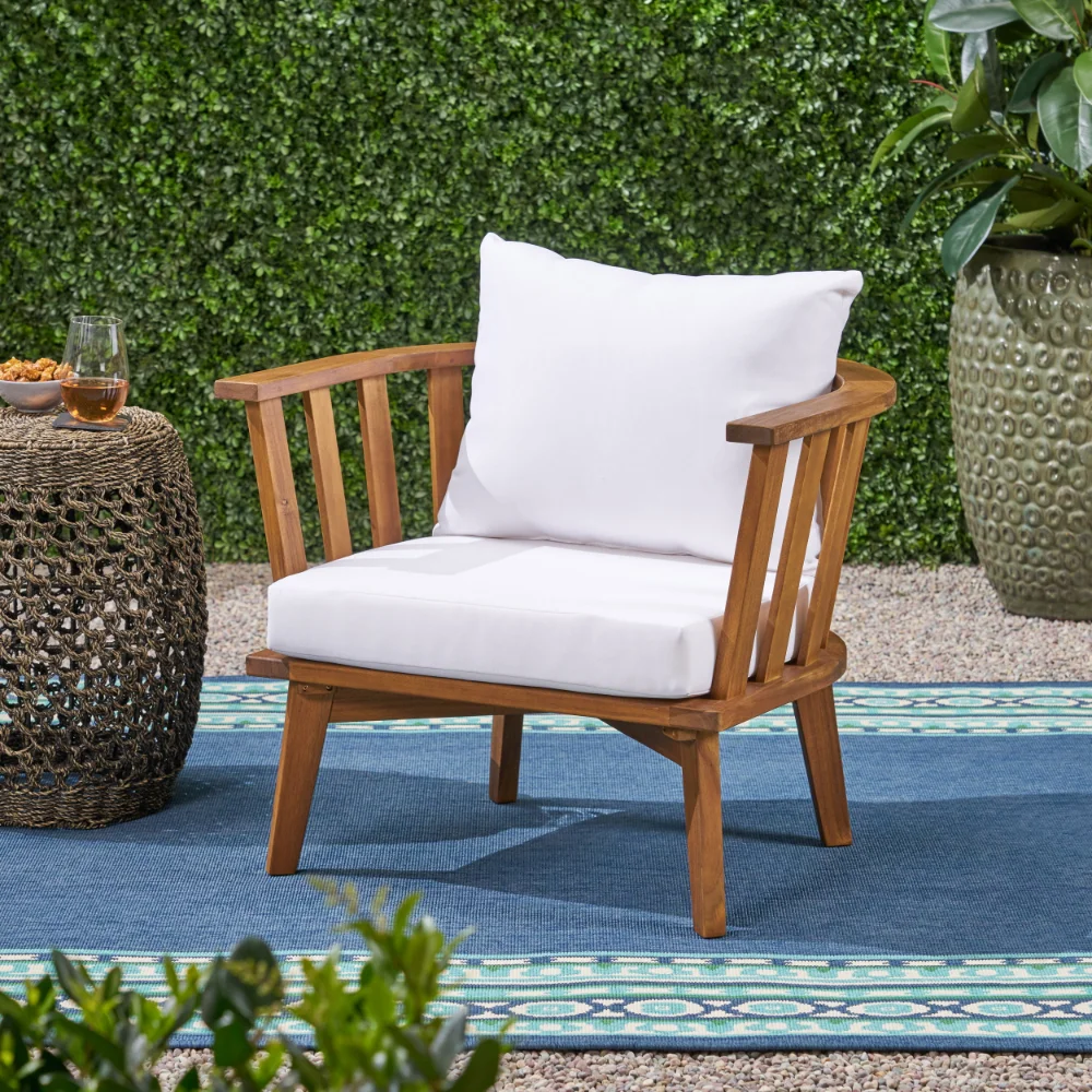 

Уличный клубный стул из дерева акации с подушками, белый и тик, садовый стул, уличная мебель, мебель для патио, современный простой