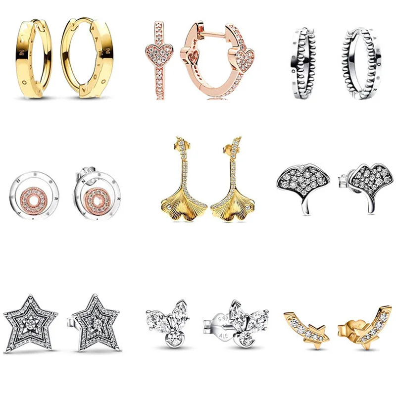 

New Lady Fashion Jewelry 925 sterling silver heart-shaped temperament ginkgo tree earrings star studs earrings for Pandora acces