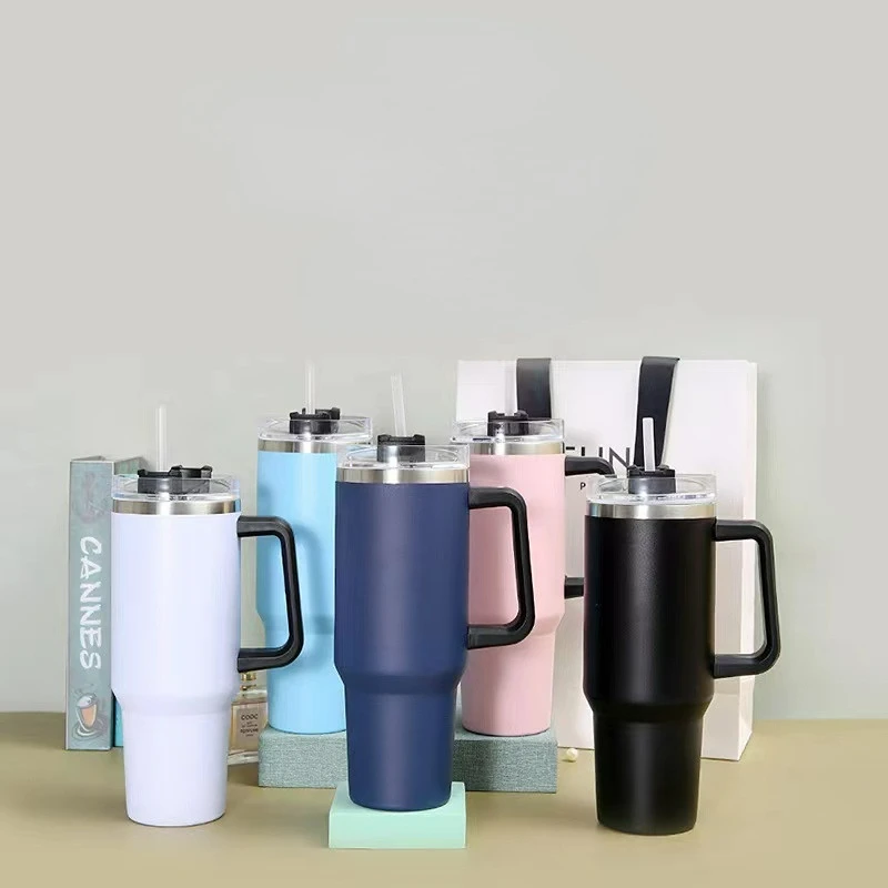 40 унций кружка с ручкой и соломенной крышкой Изолированная многоразовая бутылка для воды из нержавеющей стали кружка для путешествий Кружк...