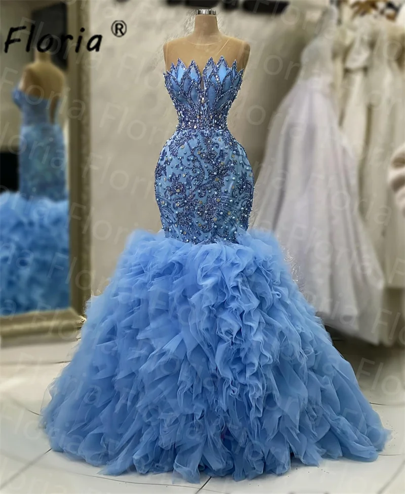 

Элегантное Вечернее Платье-Русалка с жемчужинами и бусинами, синее Тюлевое платье с оборками для выпускного вечера, официальное платье знаменитости, Пышное Платье