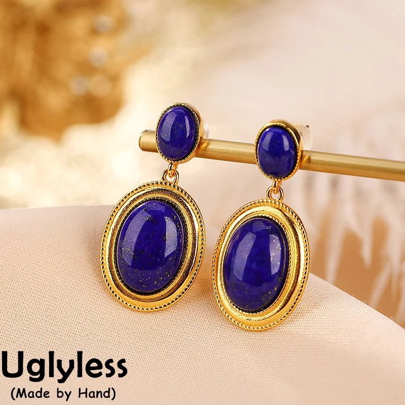 

Uglyless Natural Noble Blue Lapis Earrings Women Luxury Fashion Gemstones Jewelry Golden 925 Sterling Silver Brincos Lapis Studs