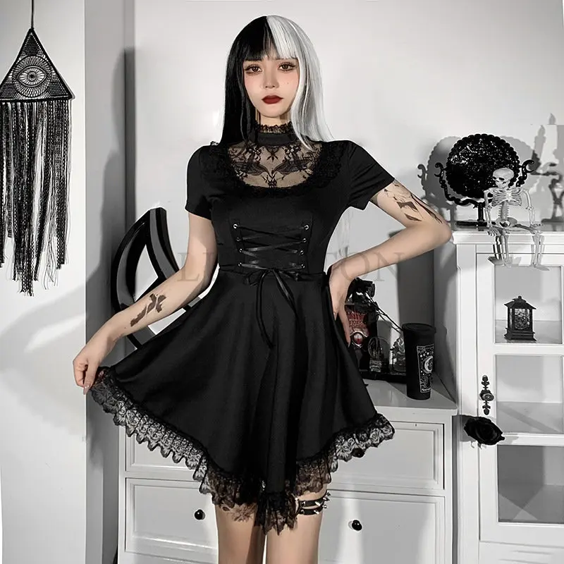 Women Dress Lace Trim High Waist Bodycon Mini Dress Summer New E-girl Vintage Punk Harajuku Lolita Clothes
Women Dress Lace Trim High Waist Bodycon Mini Dress Summer New E-girl Vintage Punk Harajuku Lolita Clothes