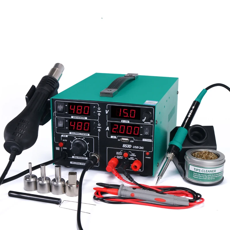 853D Intelligent Hot Air Gun Desoldering Station Power Supply Three-in-one 30V 5A Constant Temperature Electric Soldering Iron
853D Intelligent Hot Air Gun Desoldering Station Power Supply Three-in-one 30V 5A Constant Temperature Electric Soldering Iron