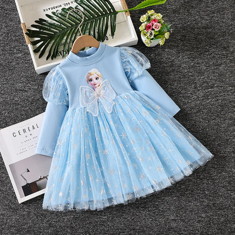 

Disney Girls Cartoon Dress Fall Fashion Frozen Elsa Princess Dresses Kids Long Sleeve Mesh Costume Crown+Magic Wand Girl Clothes