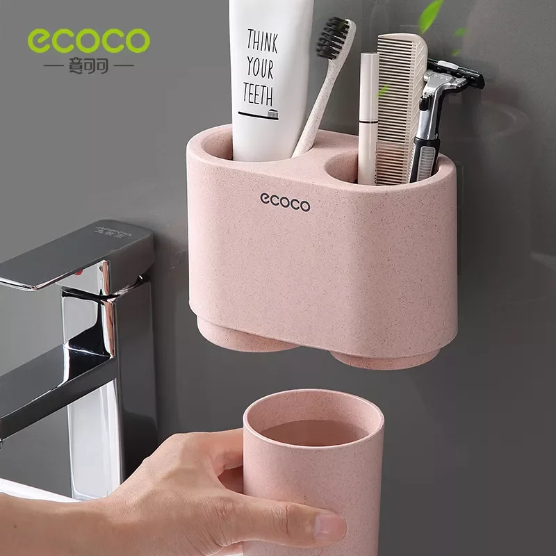 

2023 ECOCO Wall-mount Toothbrush Holder Tooth Cup Toothpaste Toothbrush Rack Bathroom Accessories Mouthwash Cup Set for Couples