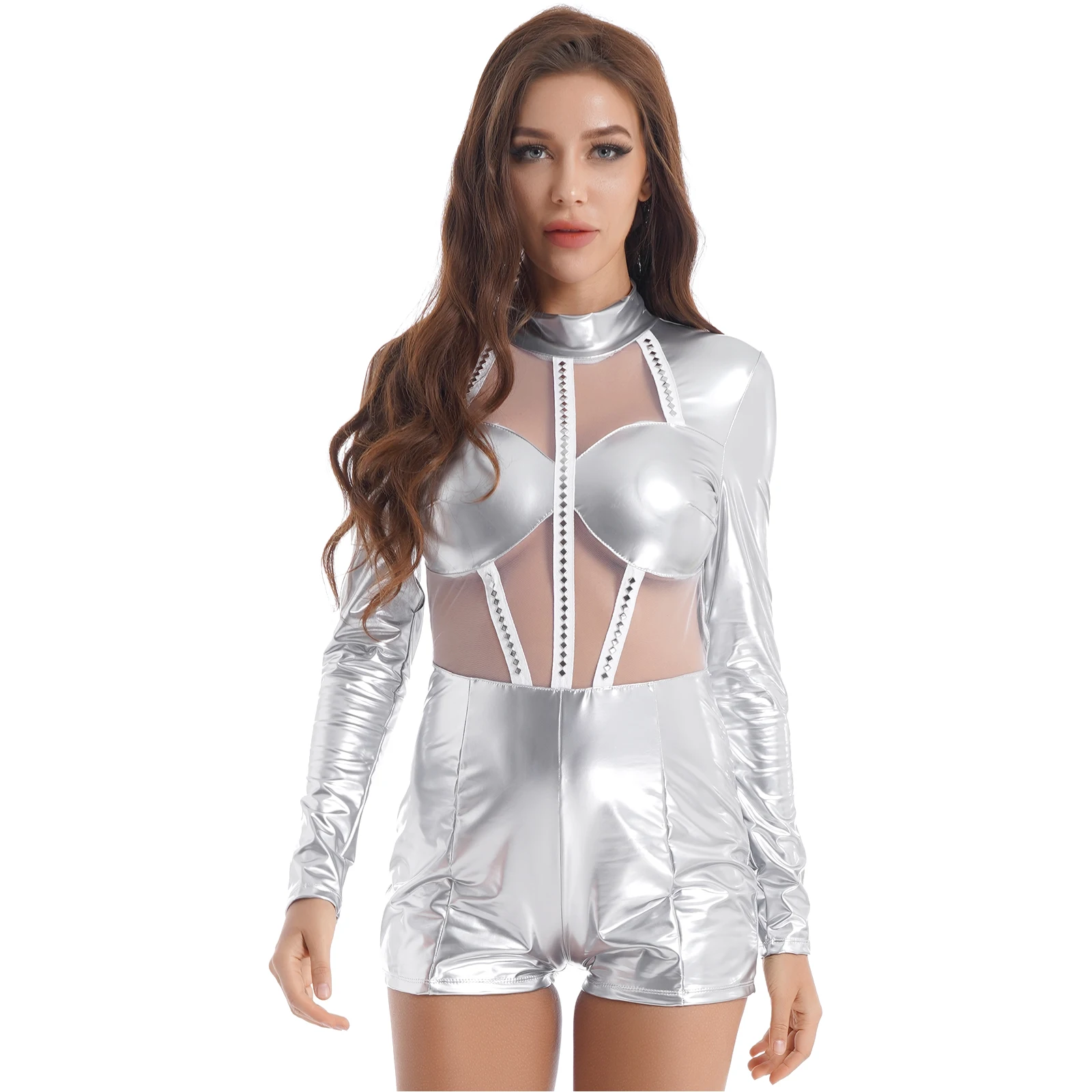 Womens Alien Role Play Outfit Club Pole Dance Costume Metallic Shiny Patent Leather Jumpsuits High Neck See-through Mesh Catsuit
Womens Alien Role Play Outfit Club Pole Dance Costume Metallic Shiny Patent Leather Jumpsuits High Neck See-through Mesh Catsuit