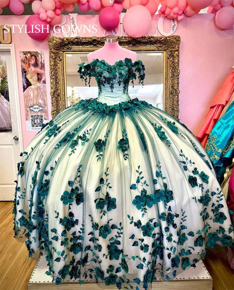 

Cinderella Green Off The Shoulder Quinceanera Dresses 3D Flowers Formal Prom Graduation Gowns Princess Vestidos De 15 Años 2023