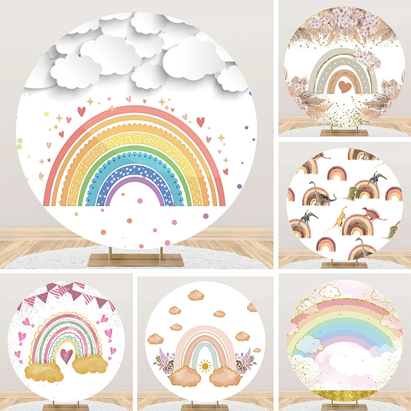 

Rainbow Boho Theme Round Backdrop Cover Oh Baby Girls 1st Birthday Party Circle Photo Background Heart Clouds Pampas Grass Deco