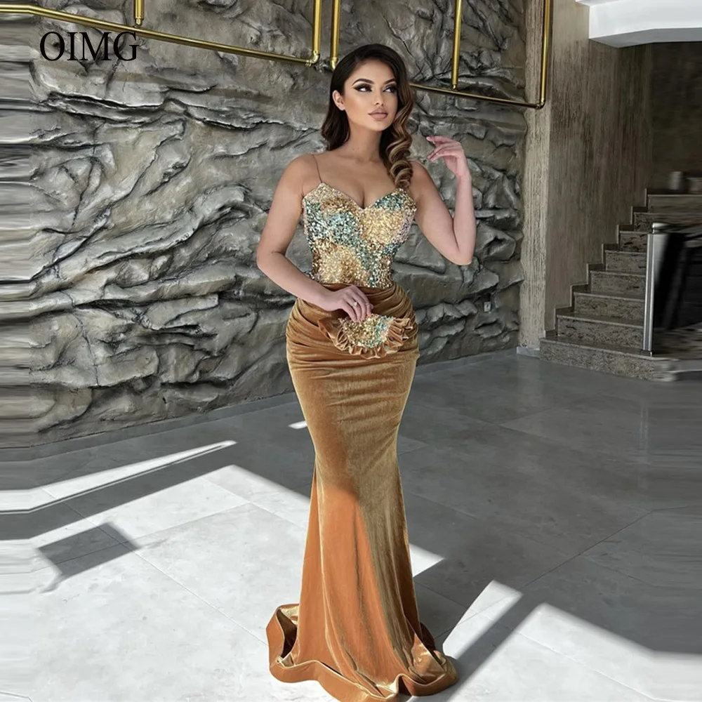 Gold Champagne Velvet Sequin Top Prom Dresses Mermaid Spaghetti Straps Sweetheart Mermaid Luxury Evening Gowns 2022
Gold Champagne Velvet Sequin Top Prom Dresses Mermaid Spaghetti Straps Sweetheart Mermaid Luxury Evening Gowns 2022