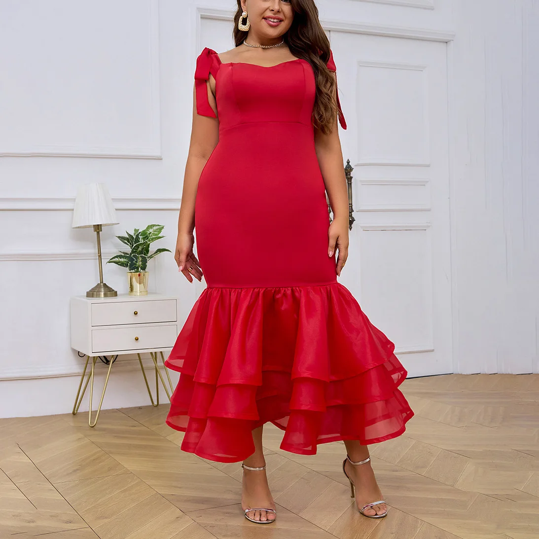 4XL 5XL Oversized Red Dresses for Women Spaghetti Strap Square Neck Mermaid Ruffles Ankle Length Elegant Birthday Party Dress
4XL 5XL Oversized Red Dresses for Women Spaghetti Strap Square Neck Mermaid Ruffles Ankle Length Elegant Birthday Party Dress