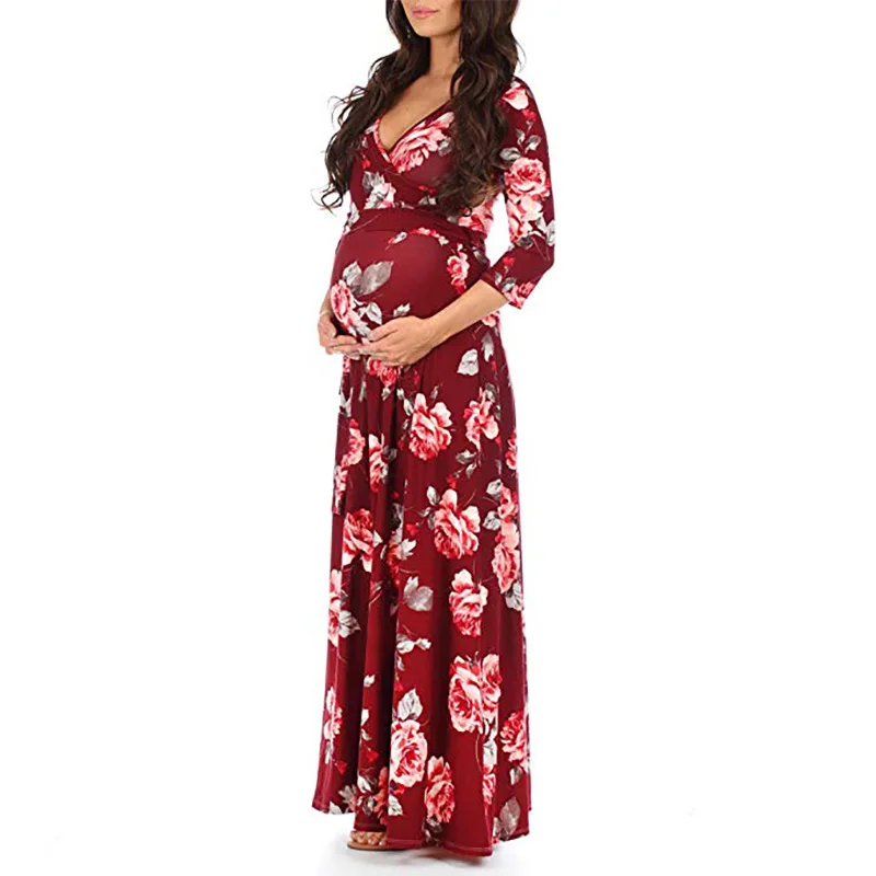 

Maternity Clothes Cross Deep V-neck Belt Waist Three-quarter Sleeves Mopping Maternity Dress Long Dress Pregnancy Dress