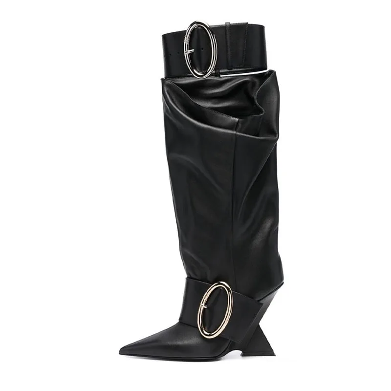 

Brand Design Pointed Wedge Heel Knee Boots Splicing Sleeve Belt Buckle High Heel Fashion Boots Women's Boots Large Size 34&43