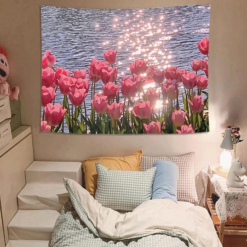 

Ins Scenery Tapestry Cloud Tulip Wall Hanging Cloth Decorative Curtain Tapestry for Bedroom Dormitory Background Decor