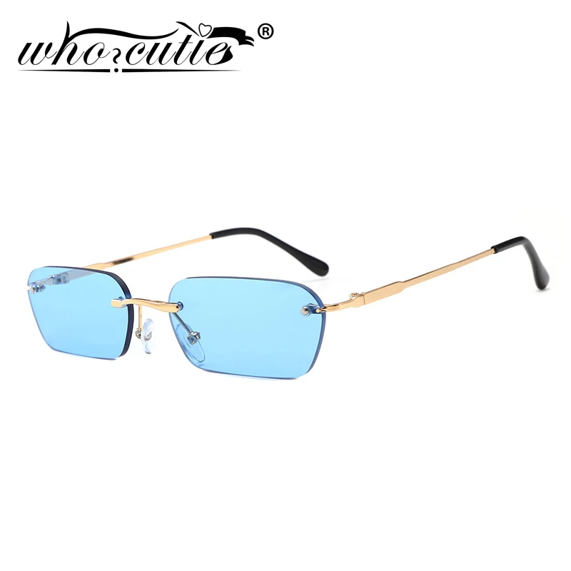 

WHO CUTIE Blue Rimless Rectangle Sunglasses Women 2019 Brand Design Frameless 90S Metal Sun Glasses Tint Ocean Lens Sunnies S034