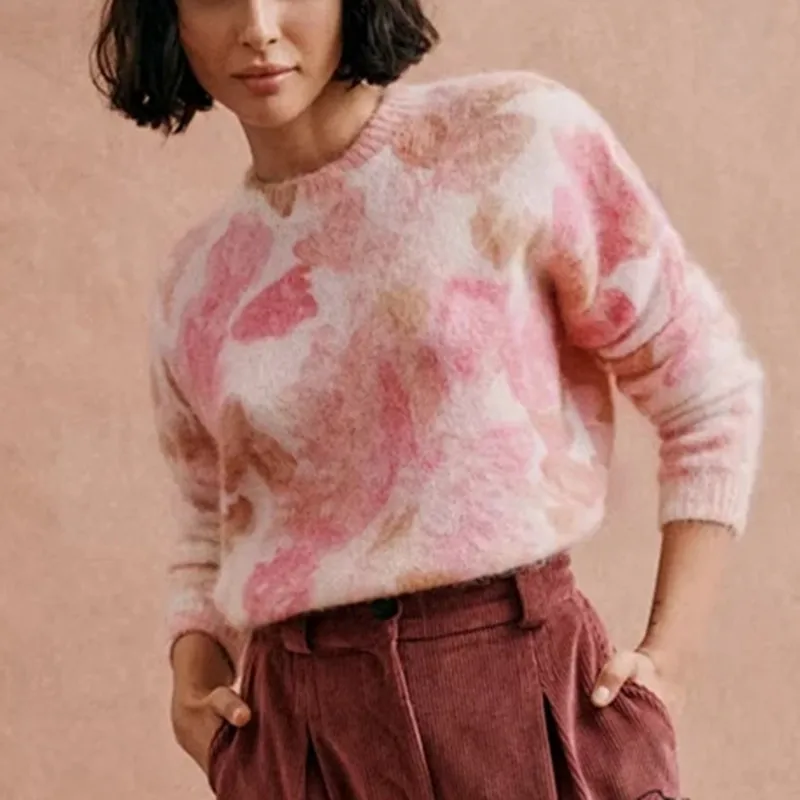 

Женский шерстяной мохеровый свитер, розовый джемпер с круглым вырезом и длинным рукавом, с цветочным принтом, Осень-зима 2022