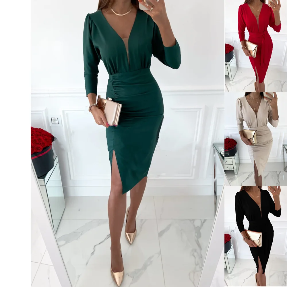 Short Dress Women Fall Winter 2021 New Long Sleeved V-neck Waist Band Slit Hip Wrap Party Dress
Short Dress Women Fall Winter 2021 New Long Sleeved V-neck Waist Band Slit Hip Wrap Party Dress