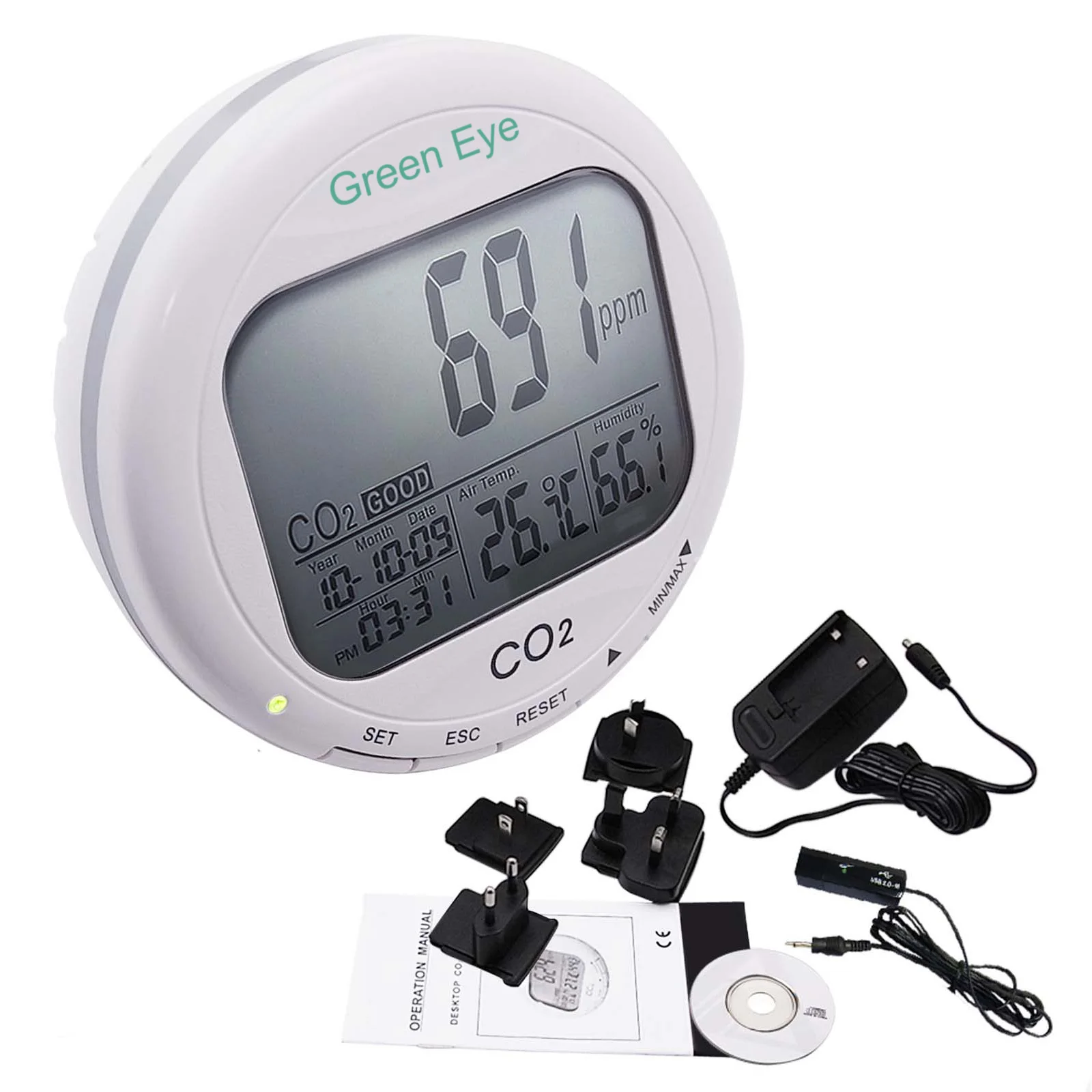 Digital 3-in1 CO2 Carbon Dioxide Sensor Desktop Indoor Air Quality Data logger Temperature Relative Humidity w/ CD & Software
Digital 3-in1 CO2 Carbon Dioxide Sensor Desktop Indoor Air Quality Data logger Temperature Relative Humidity w/ CD & Software