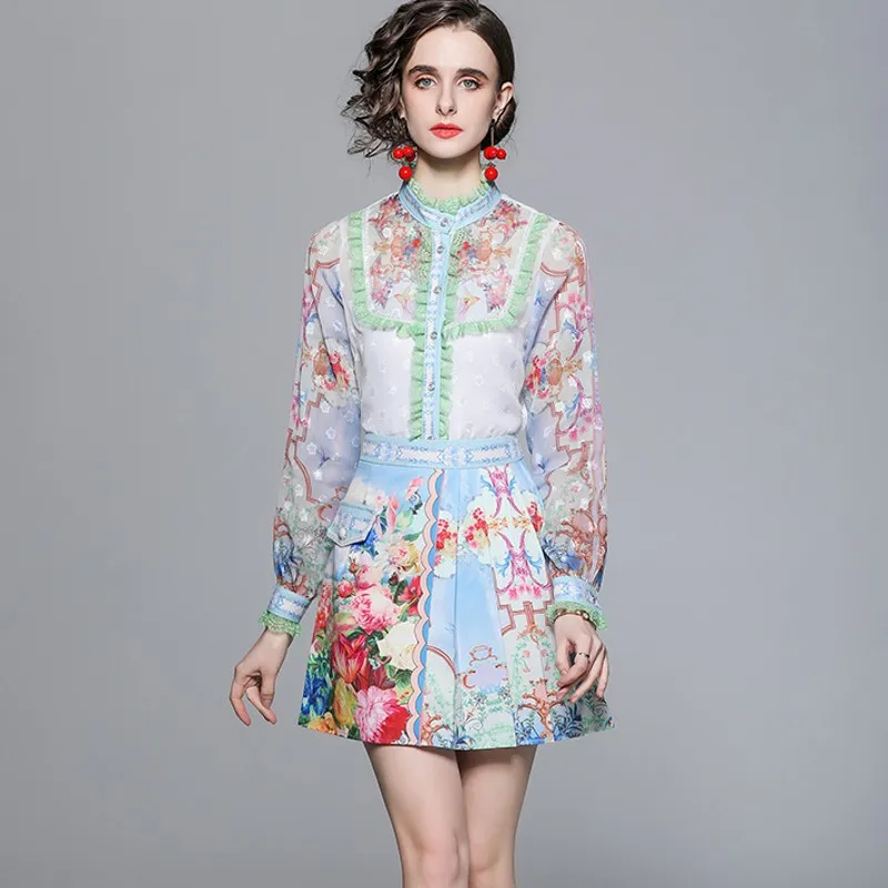2022 Spring Summer Runway Two Piece Sets Women Lace Mesh Floral Print Blouses + Pocket Pleated Mini Skirts Sets
2022 Spring Summer Runway Two Piece Sets Women Lace Mesh Floral Print Blouses + Pocket Pleated Mini Skirts Sets