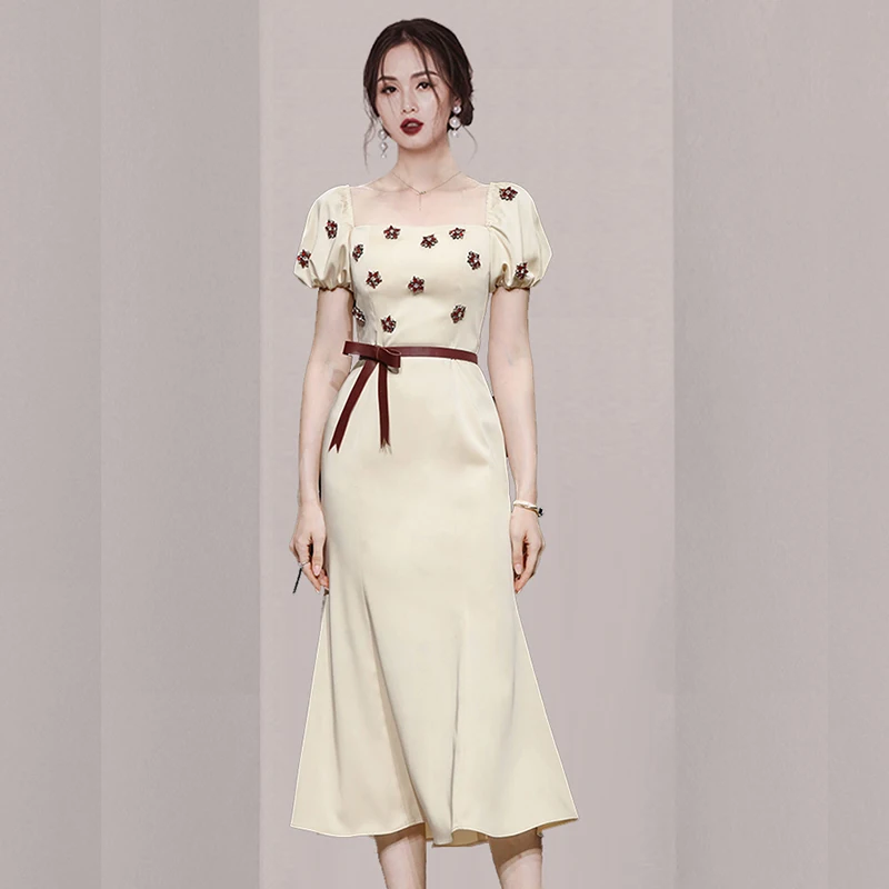 2022 New Spring Party Dress Square Collar Beading Diamonds Puff Sleeve Long Mermaid Dress Summer With Belt Korean Vestidos F139
2022 New Spring Party Dress Square Collar Beading Diamonds Puff Sleeve Long Mermaid Dress Summer With Belt Korean Vestidos F139