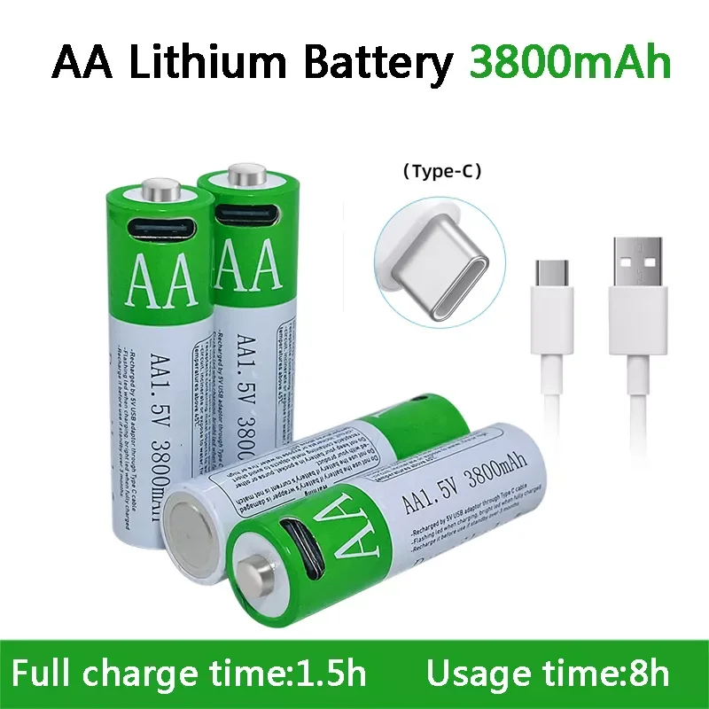 New 1.5V AA Rechargeable Battery 3800mAh USB Rechargeable AA Battery Lithium Polymer Battery Quick Charging by Micro USB Cable
New 1.5V AA Rechargeable Battery 3800mAh USB Rechargeable AA Battery Lithium Polymer Battery Quick Charging by Micro USB Cable