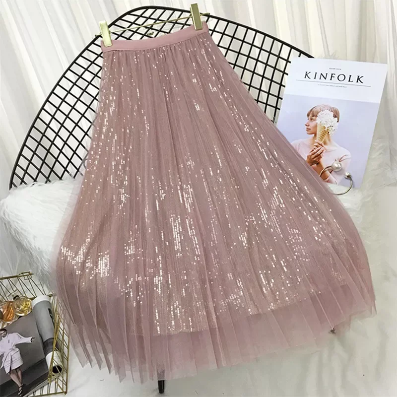 Spring Summer Skirts Women Korea Long Tulle Skirt Sequined Pleated A Line Midi Skirt Chic High Waist Skirt Female
Spring Summer Skirts Women Korea Long Tulle Skirt Sequined Pleated A Line Midi Skirt Chic High Waist Skirt Female