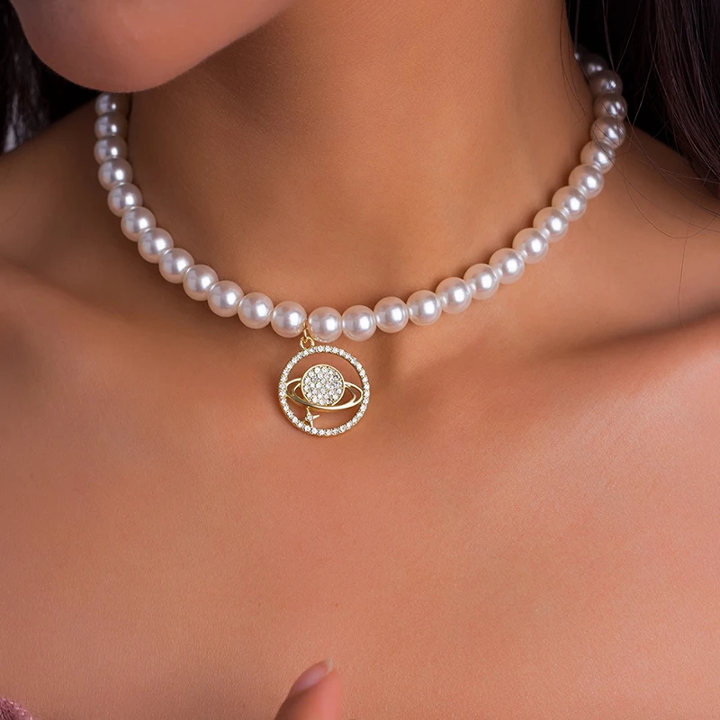 Elegant Pearl Choker Necklaces Crystal Stars Planet Pendant Necklace Statement Jewelry Anniversary Wedding Accessories 
Elegant Pearl Choker Necklaces Crystal Stars Planet Pendant Necklace Statement Jewelry Anniversary Wedding Accessories