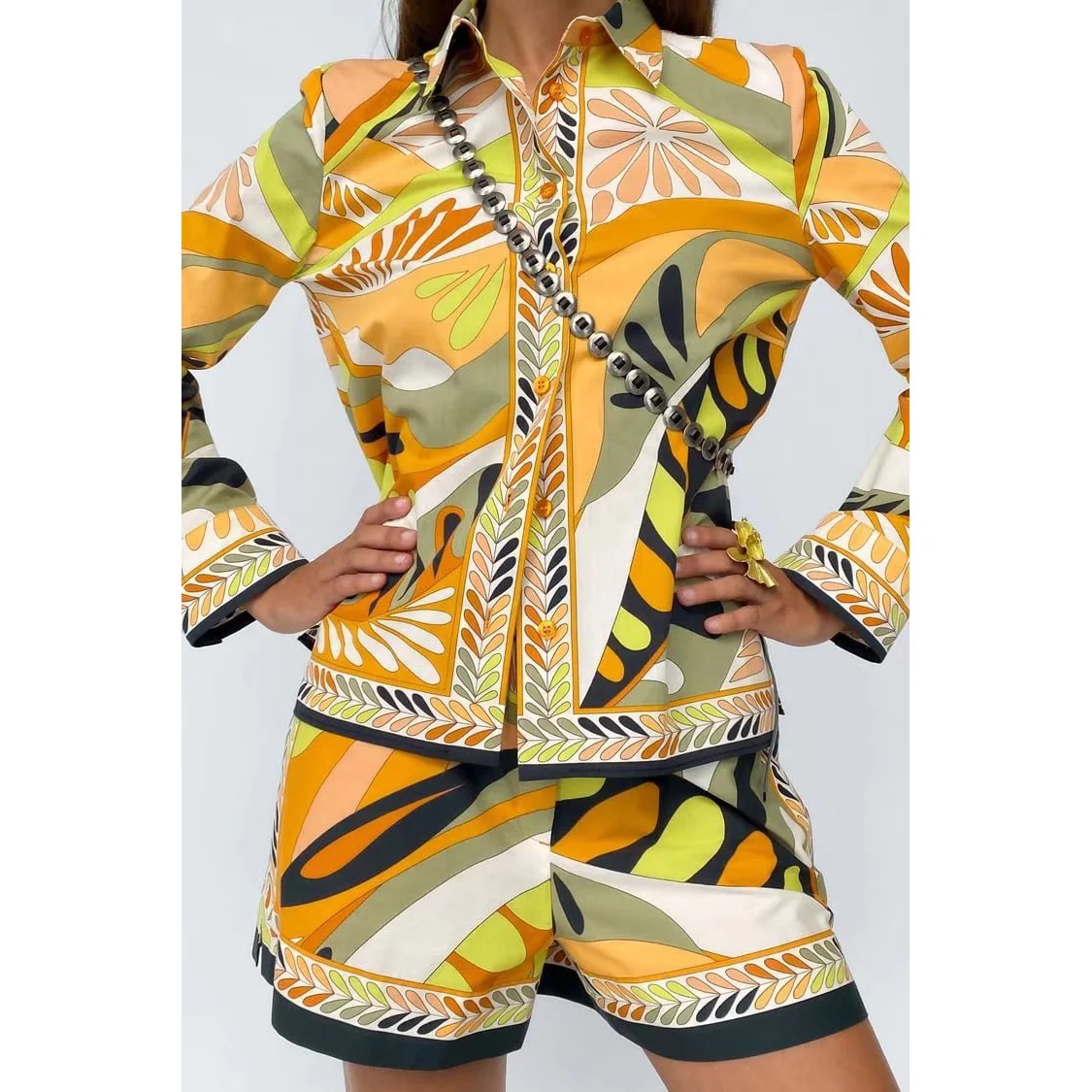 Summer Women's Yellow Botanical Print Lapel Single Breasted Long Sleeve Shirt High Waist Shorts Set Casual Comfortable
Summer Women's Yellow Botanical Print Lapel Single Breasted Long Sleeve Shirt High Waist Shorts Set Casual Comfortable
