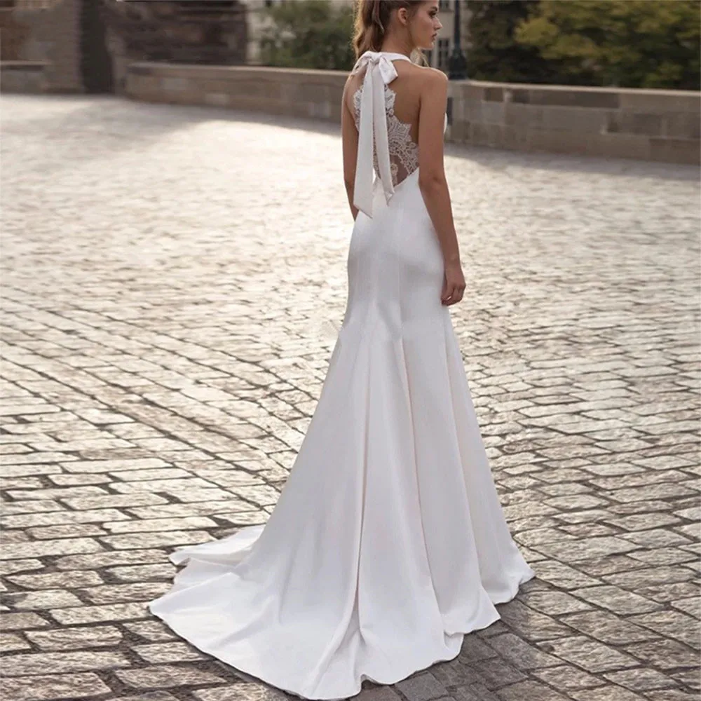 Simple Mermaid Halter Satin Bridal Wedding Dresses Illusion Lace Back See Through Pleat Bride Dress with Bow Court Train vestido
Simple Mermaid Halter Satin Bridal Wedding Dresses Illusion Lace Back See Through Pleat Bride Dress with Bow Court Train vestido