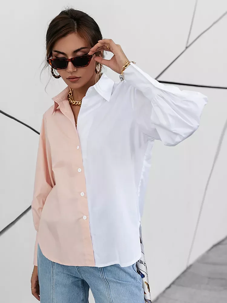 Autumn Color Block Casual Women Blouse Solid Cotton Lapel Collar Office Lady Shirt Full Lantern Sleeves Female Top
Autumn Color Block Casual Women Blouse Solid Cotton Lapel Collar Office Lady Shirt Full Lantern Sleeves Female Top
