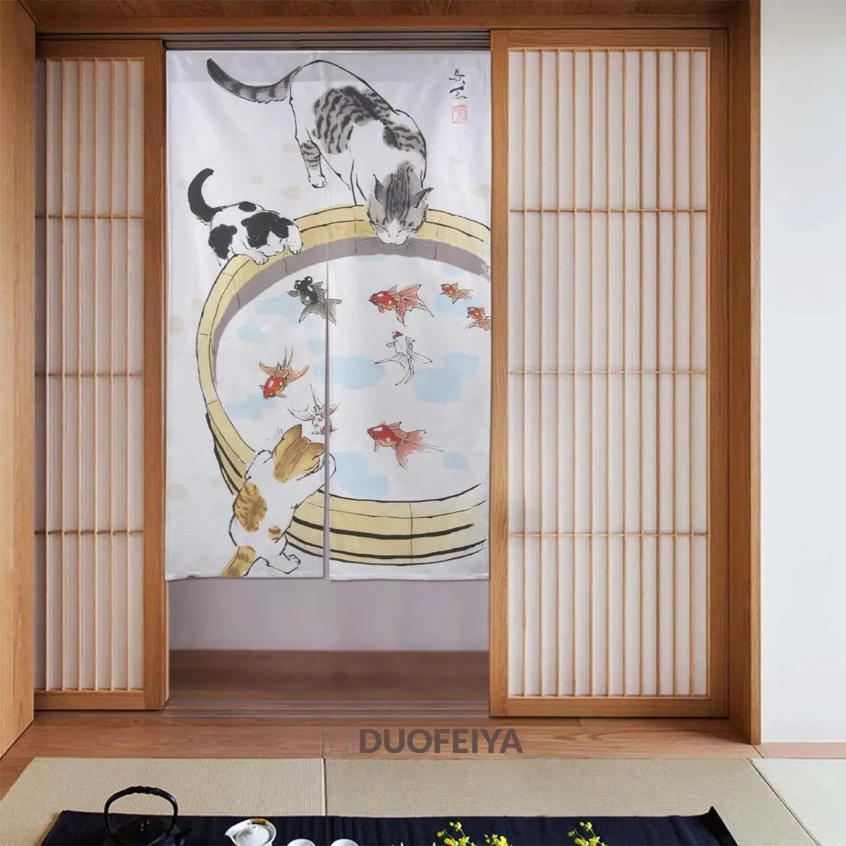 Cat And Goldfish Japanese Door Curtains Lucky Koi Partition Curtain Cotton Linen Hanging Half Curtain for Restaurant Decorations
Cat And Goldfish Japanese Door Curtains Lucky Koi Partition Curtain Cotton Linen Hanging Half Curtain for Restaurant Decorations