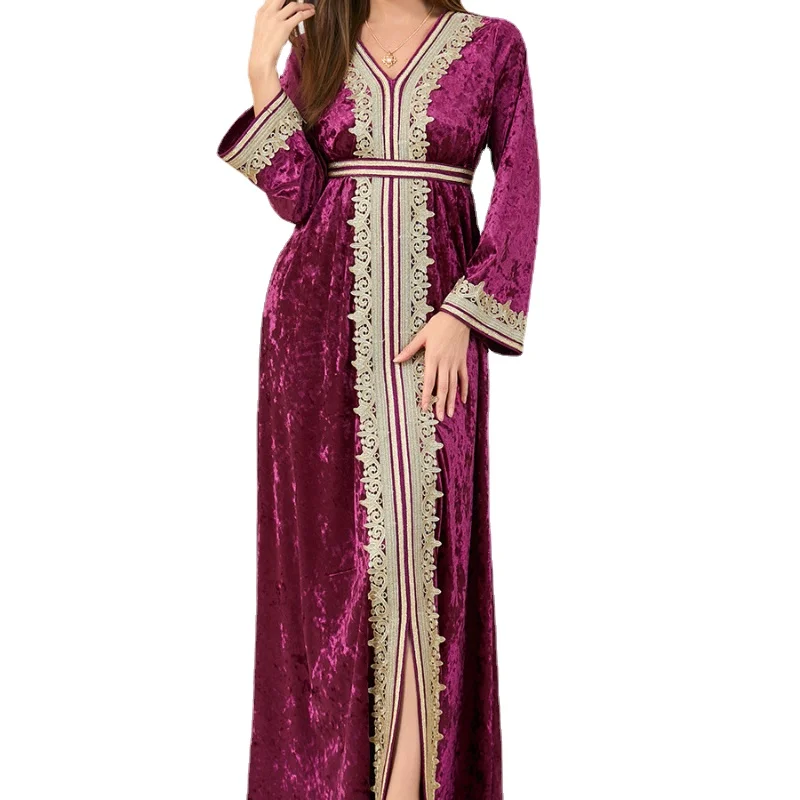 

Ramadan Abaya Dubai Muslim Velvet Floral Embroidery Guipure Lace Panel Belted Kaftan Turkish Clothes Women Badka Islamic Dress