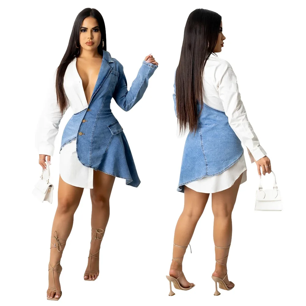 Women's Spring And Autumn New Fashion Sexy V-neck Denim Patchwork Irregular Button Dress
Women's Spring And Autumn New Fashion Sexy V-neck Denim Patchwork Irregular Button Dress
