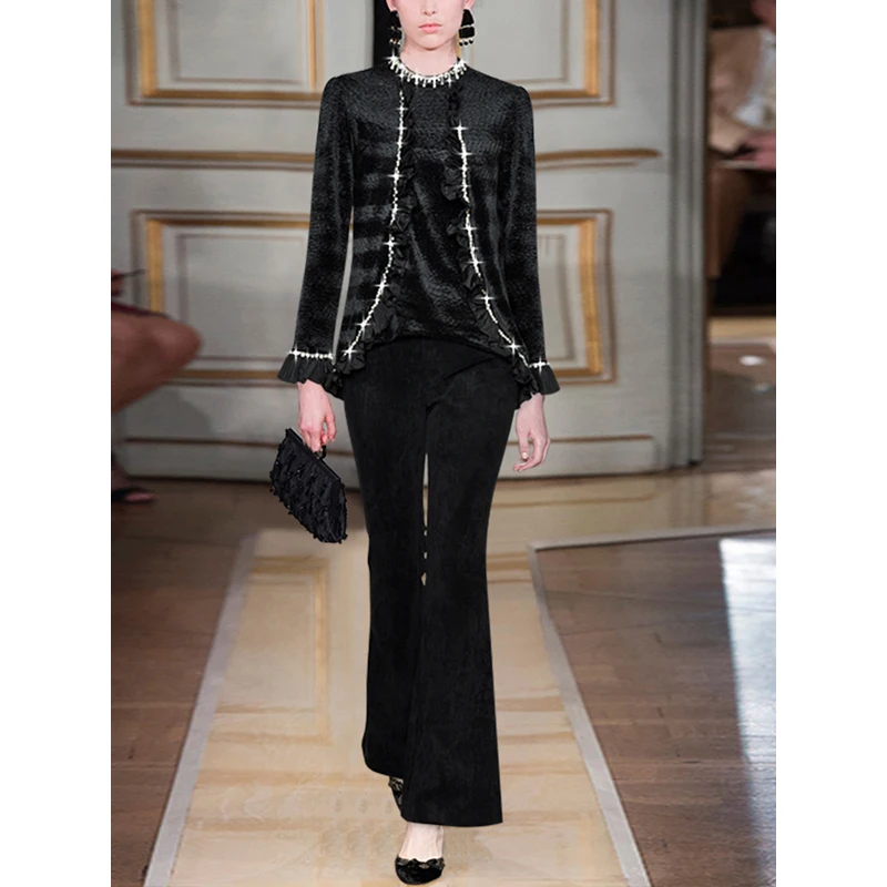 Janeyiren fashion runway spring black pants suit female stand-up collar nailed beaded long sleeve top + Flare pants 2-piece set
Janeyiren fashion runway spring black pants suit female stand-up collar nailed beaded long sleeve top + Flare pants 2-piece set