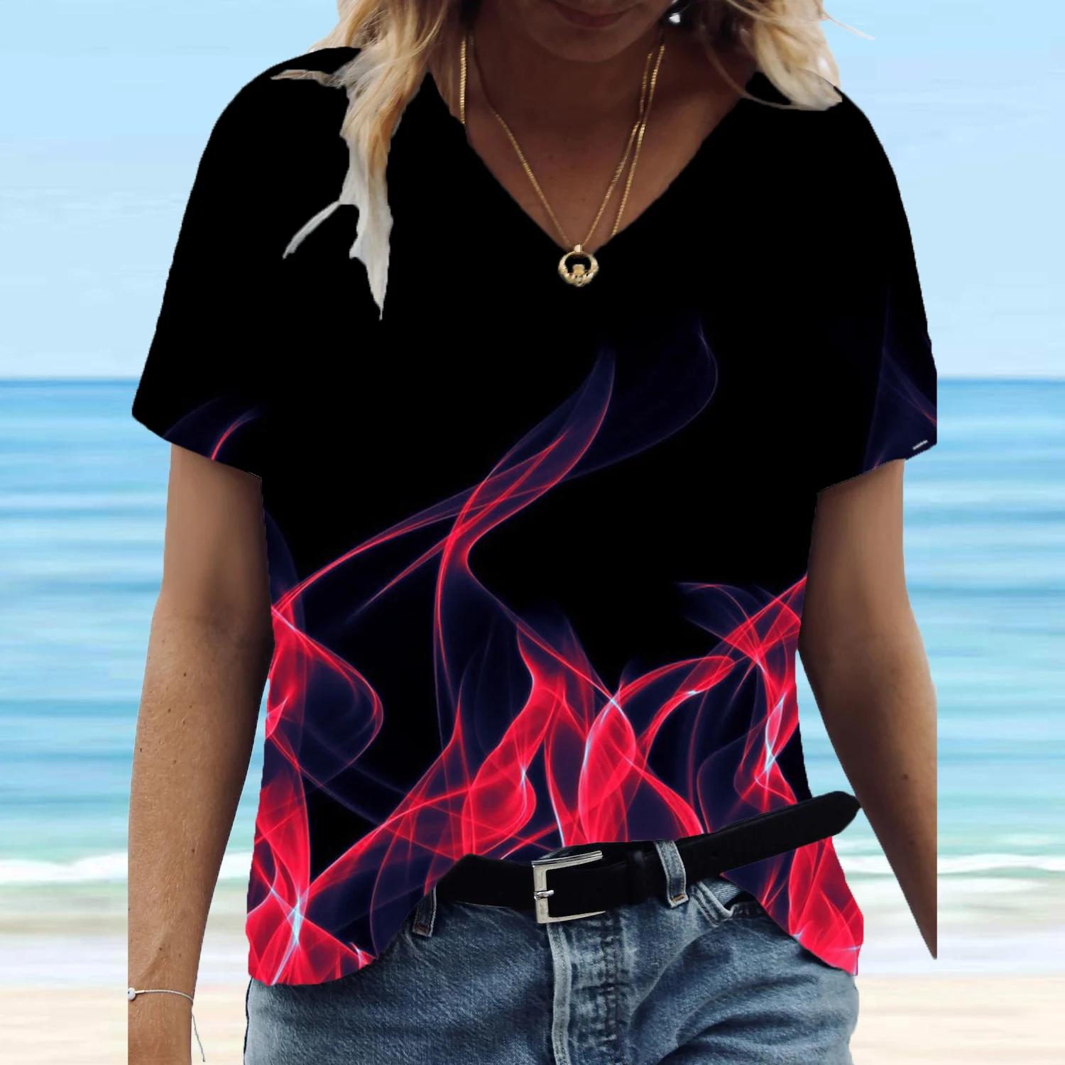 New Hot Sale Summer Fashion Fashion 3D Flame Print Women's Top Plus Size V Neck T Shirt Casual Loose Short Sleeve T Shirt
New Hot Sale Summer Fashion Fashion 3D Flame Print Women's Top Plus Size V Neck T Shirt Casual Loose Short Sleeve T Shirt
