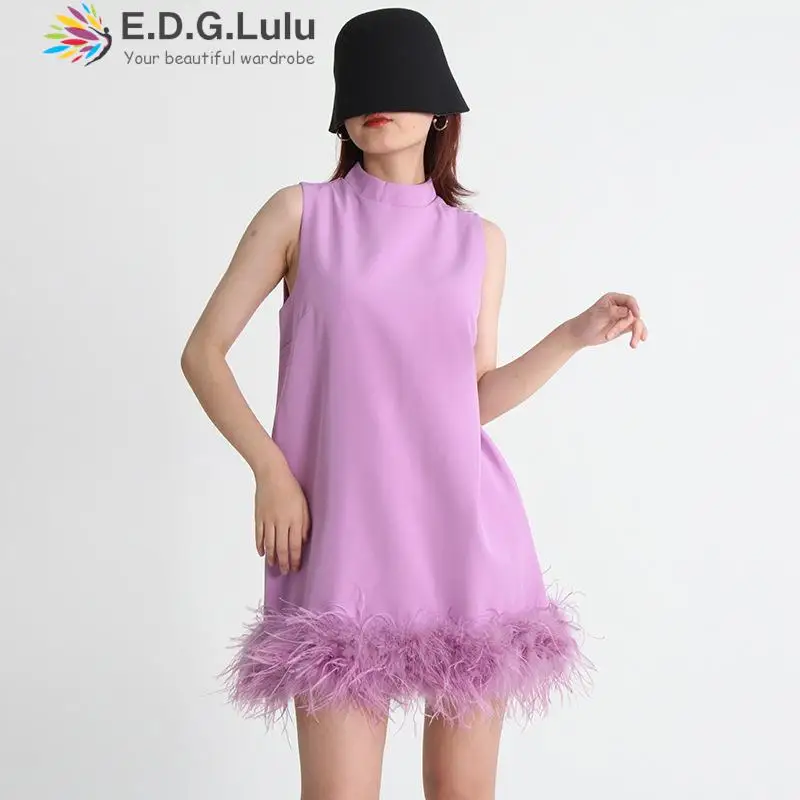 

EDGLuLu Summer Fashion Stand Collar Sleeveless Purple Patchwork Feather Mini Dress Women Elegant Party Dress 2022 Designer 1106