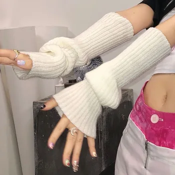 Women Long Fingerless Gloves Knitted Mittens Winter Arm Warmer Punk Gothic DIY Knitting Glove Y2K Girls Solid Gloves Arm Sleeves