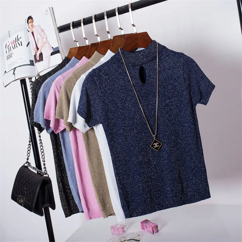 Summer Short Sleeve Knit T Shirt Women O-Neck High Stretch Glitter Solid Knitted Tshirt Female Knitwear Fashion Tops
Summer Short Sleeve Knit T Shirt Women O-Neck High Stretch Glitter Solid Knitted Tshirt Female Knitwear Fashion Tops