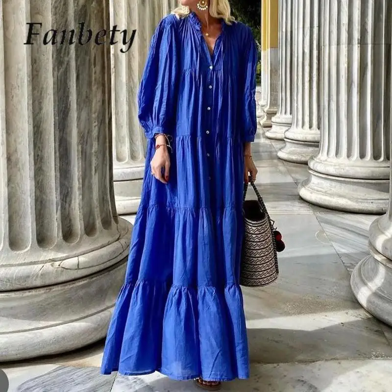 Lady V-Neck Loose Folds Holiday Dress Robe Boho Autumn Pleated Oversized Women Dress Elegant Temperament Solid Button Maxi Dress
Lady V-Neck Loose Folds Holiday Dress Robe Boho Autumn Pleated Oversized Women Dress Elegant Temperament Solid Button Maxi Dress