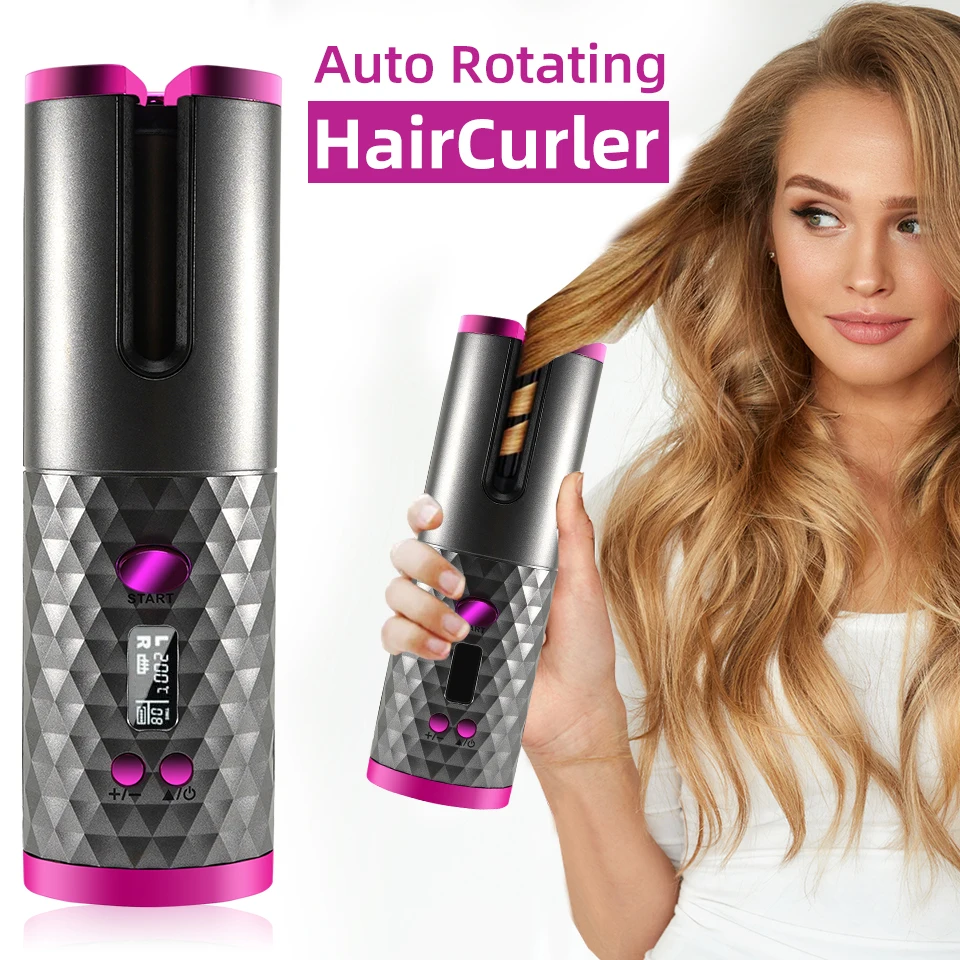 

Cordless Auto Rotating Ceramic Hair Curler USB Rechargeable Curling Iron LED Display Temperature Adjustable Curling Wave Styer