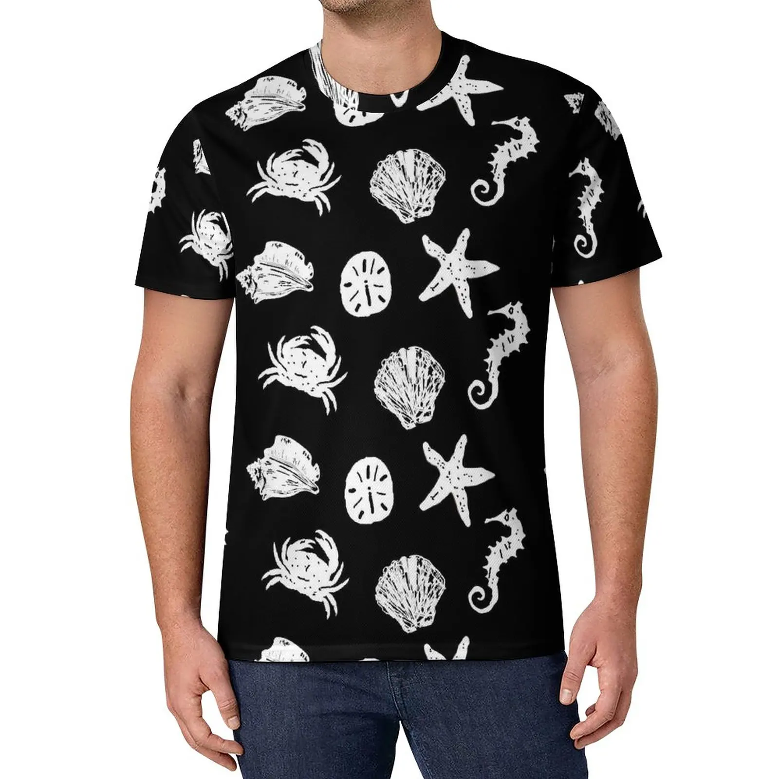 

Nautical Sea Shells T-Shirt Man Black and White Kawaii T-Shirts Summer Vintage Tees Custom Oversized Tops