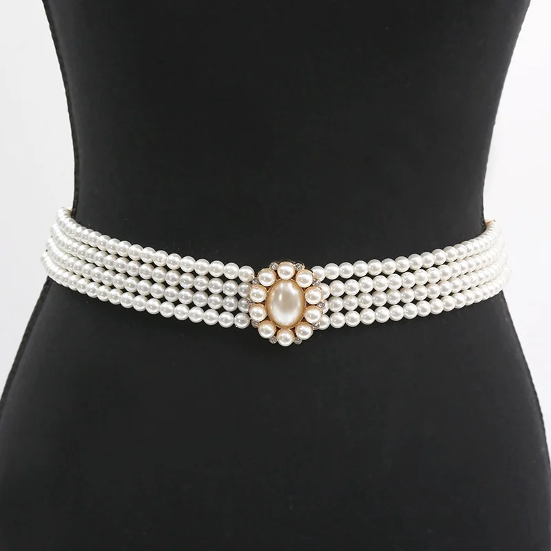 

70cm Ladies Stretchable Four-Rows Pearl Belt Elastic Waist Sealing Dress All-Match 5-Layers Fashion Belt Designers Women